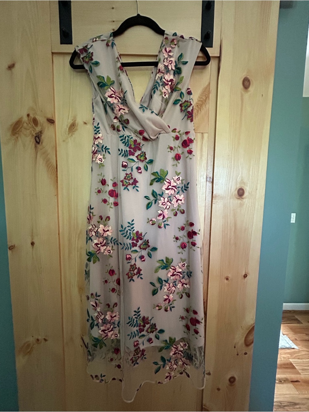 Floral Embroidered V-Neck Maternity Sleeveless Dress in Beige